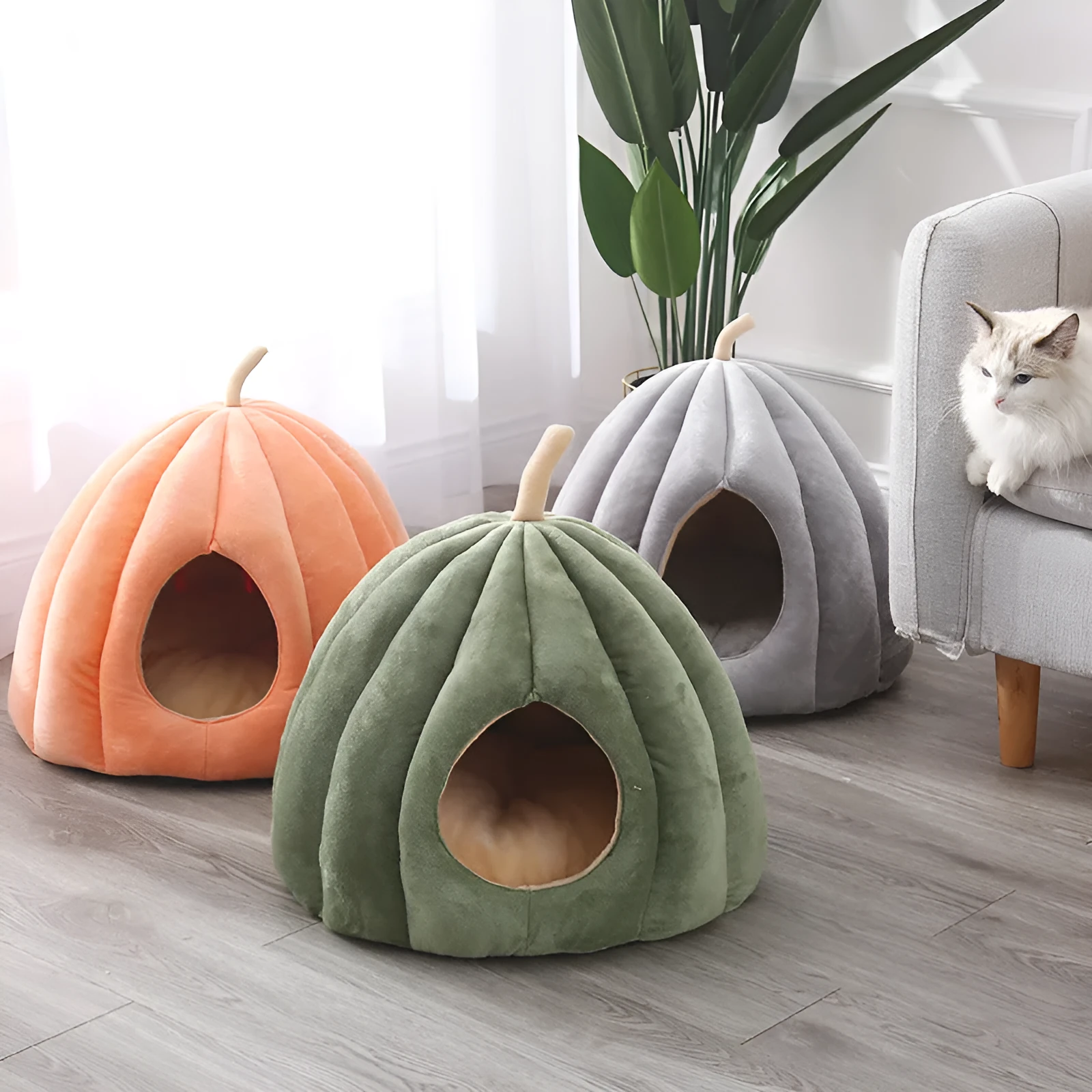 Beige Large pumpkin cat house with removable washable cover and 360° surround warmth