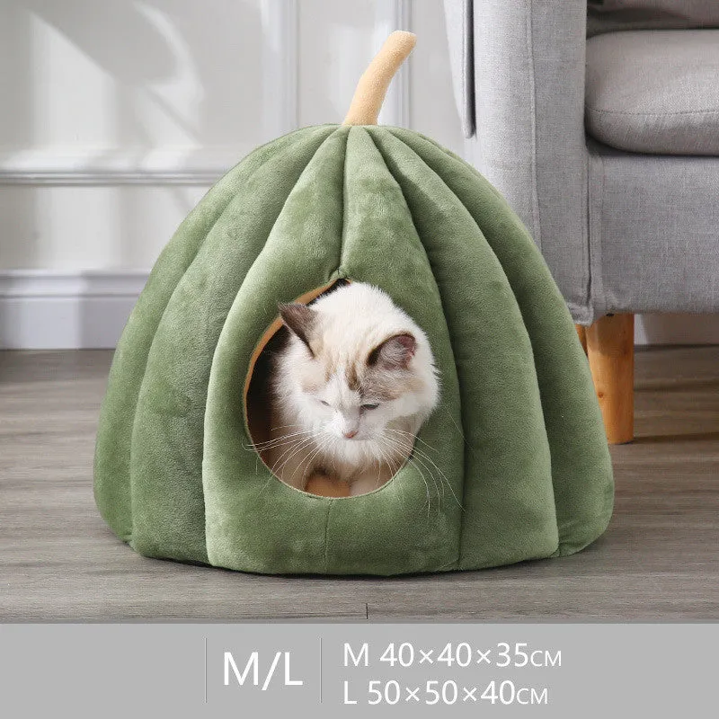 Beige Large pumpkin cat house with removable washable cover and 360° surround warmth