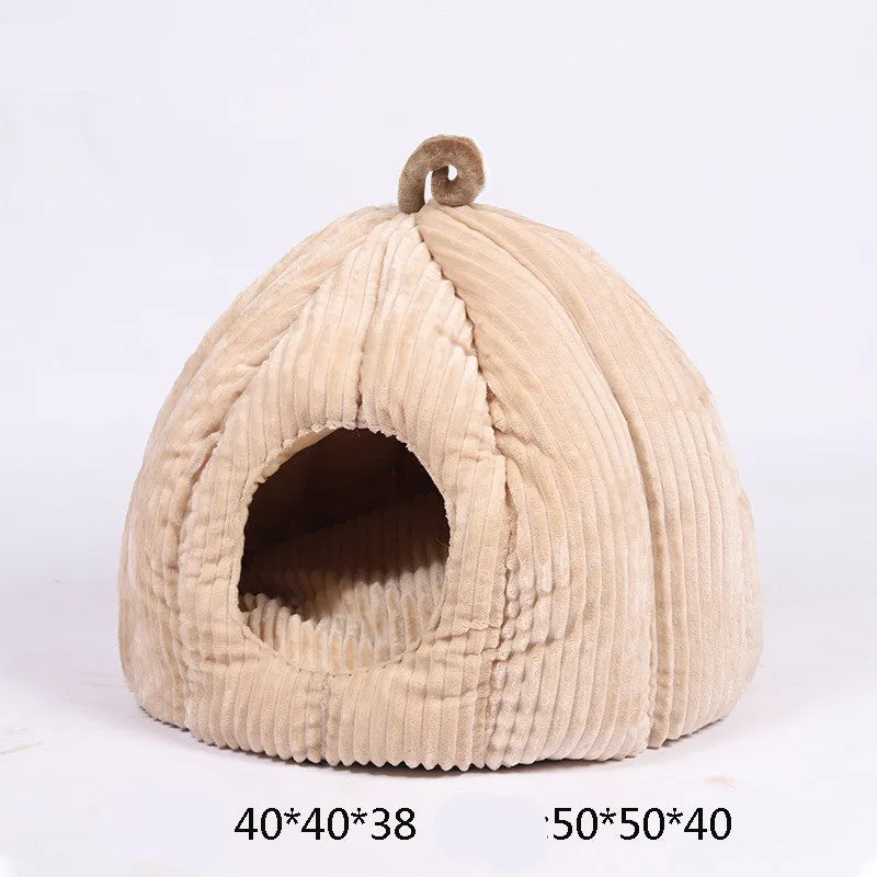 Beige Large pumpkin cat house with removable washable cover and 360° surround warmth