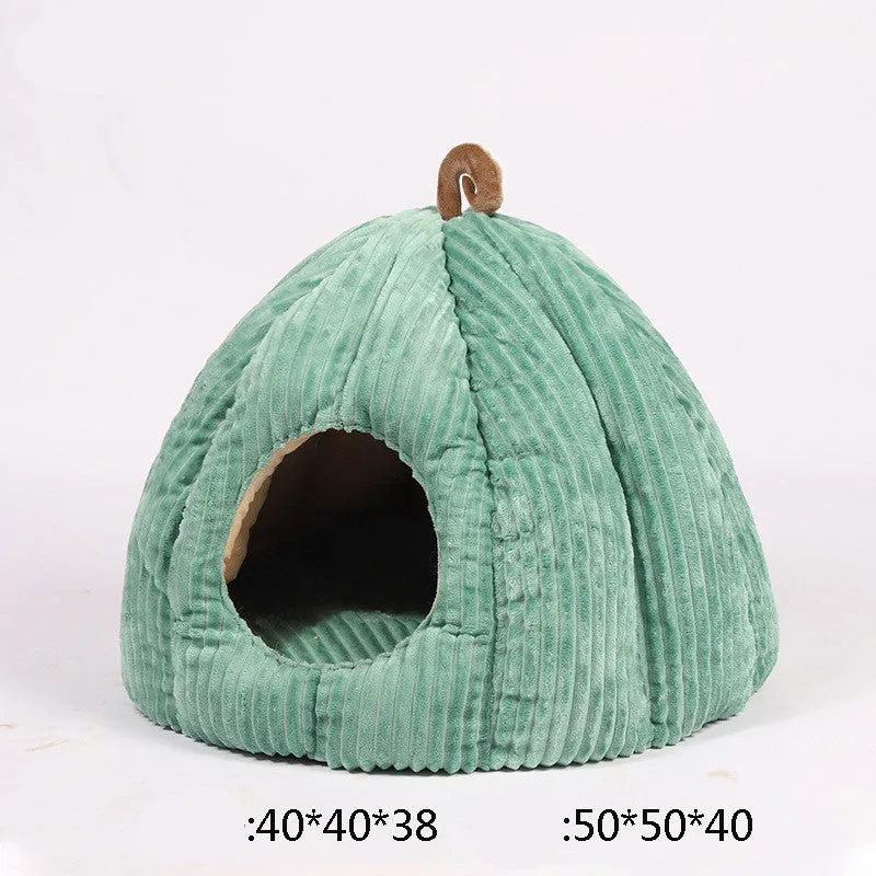 Beige Large pumpkin cat house with removable washable cover and 360° surround warmth