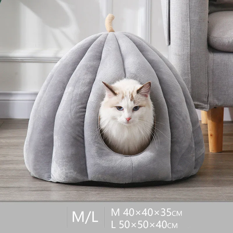 Beige Large pumpkin cat house with removable washable cover and 360° surround warmth