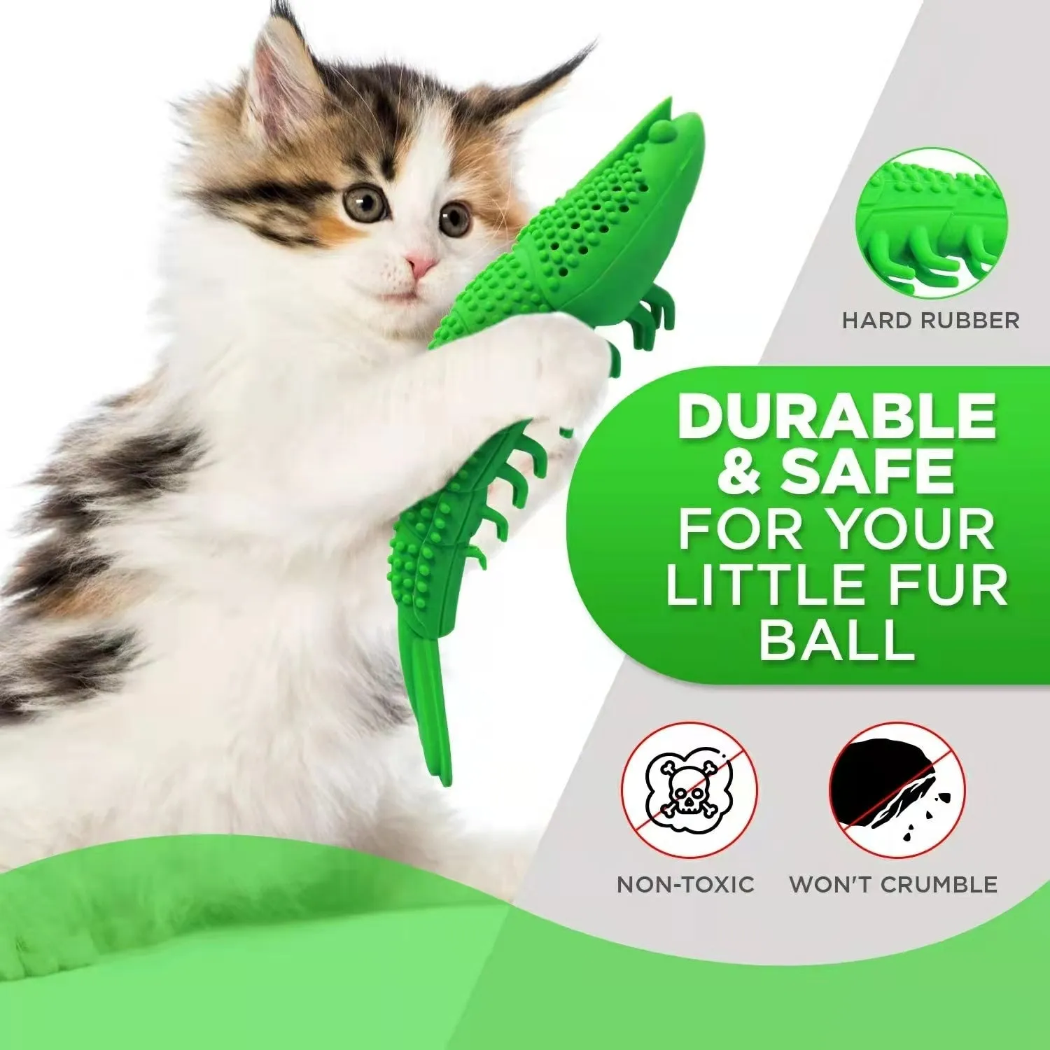 Blue hard rubber cat toy with textured surface for teeth cleaning, containing catnip and a bell.