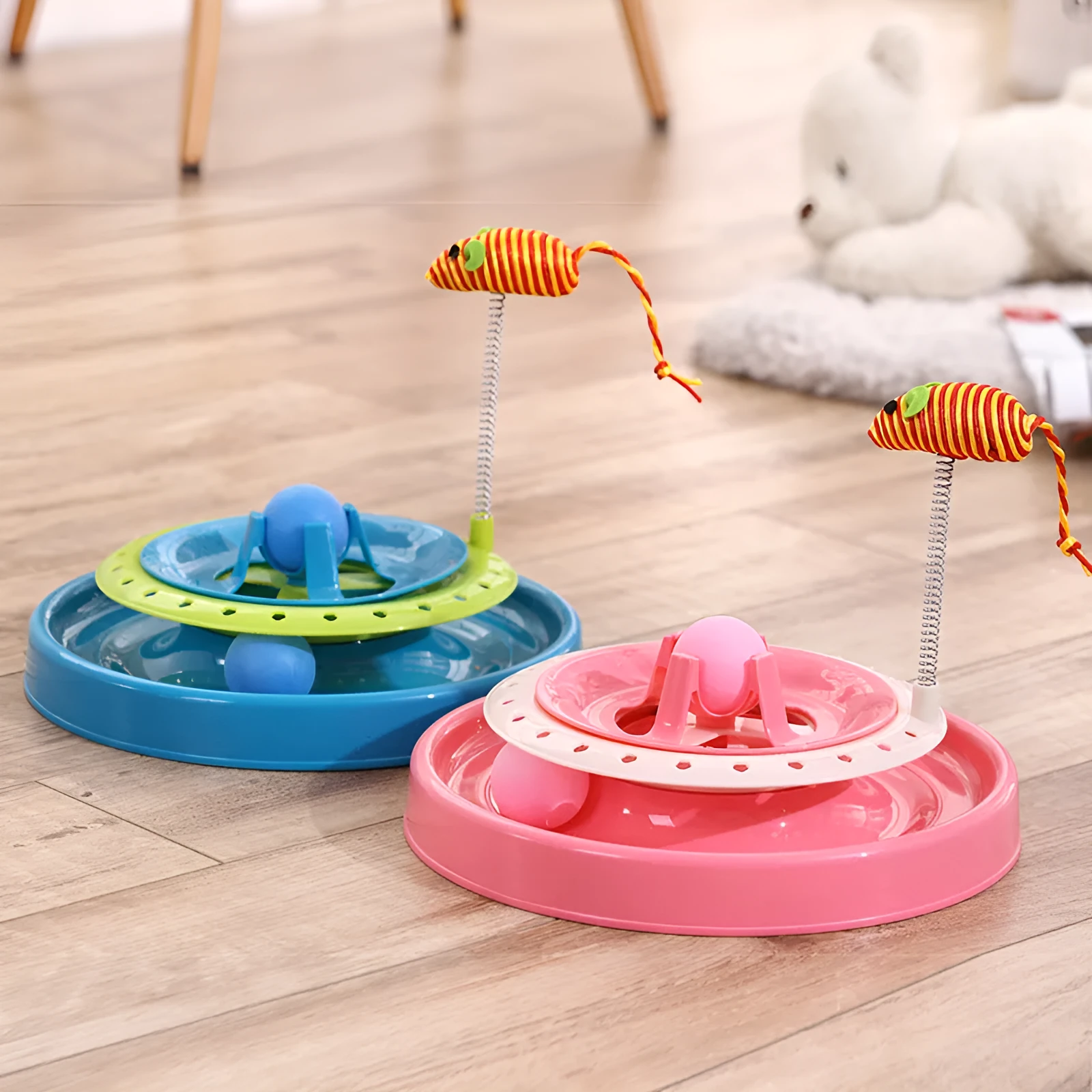 Pink funny cat toy play plate with spring for pet cats 20.6cm diameter