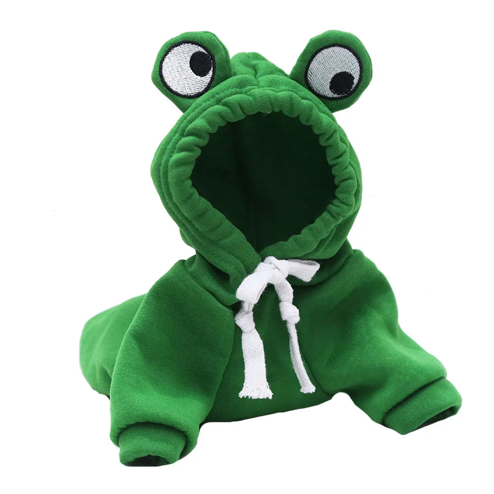Green frog costume hoodie for small cat or dog with soft sweatshirt material