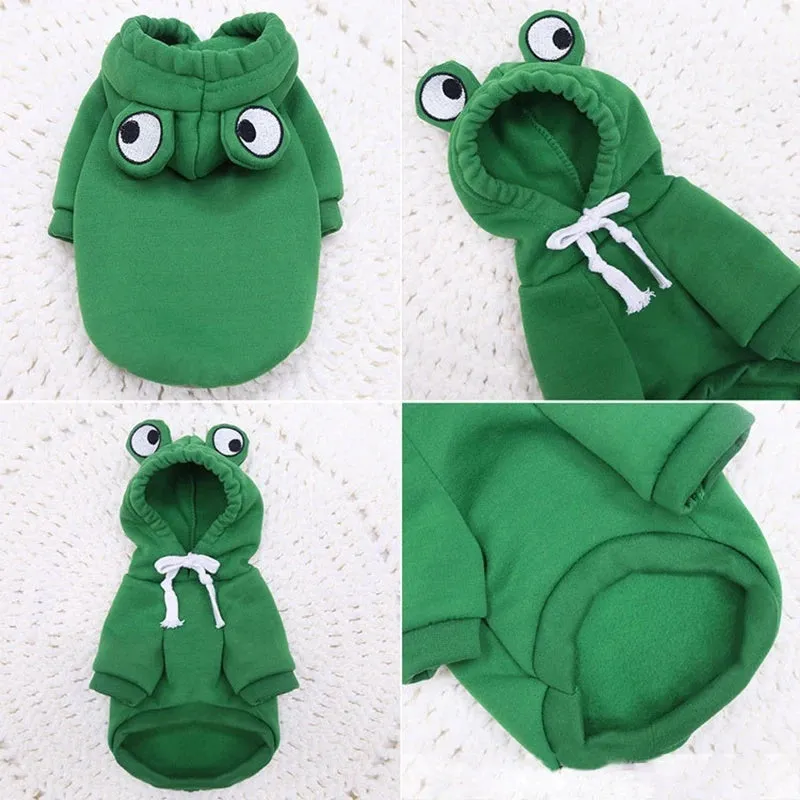 Green frog costume hoodie for small cat or dog with soft sweatshirt material