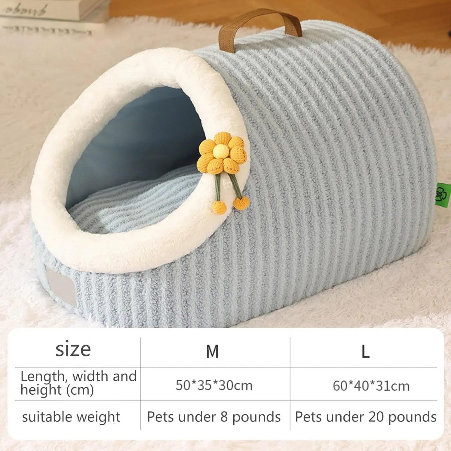 Blue cat cave bed with cushion, suitable for indoor cats and small pets like chihuahuas