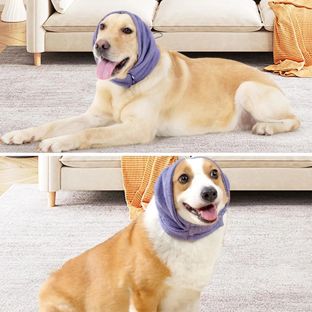 Dog wearing purple calming hoodie with ear muffs covering head and neck