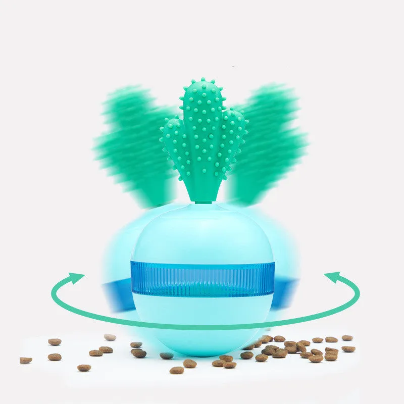 Blue pet leakage food ball toy on floor with kibble pieces nearby, measuring 8.8x8.5x16.5 cm