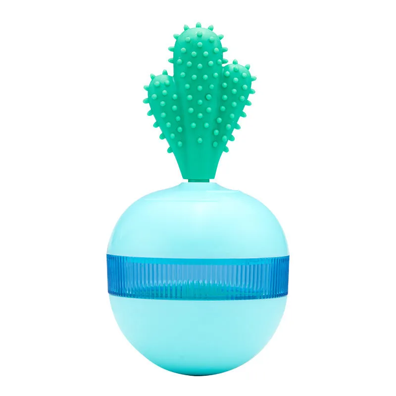 Blue pet leakage food ball toy on floor with kibble pieces nearby, measuring 8.8x8.5x16.5 cm