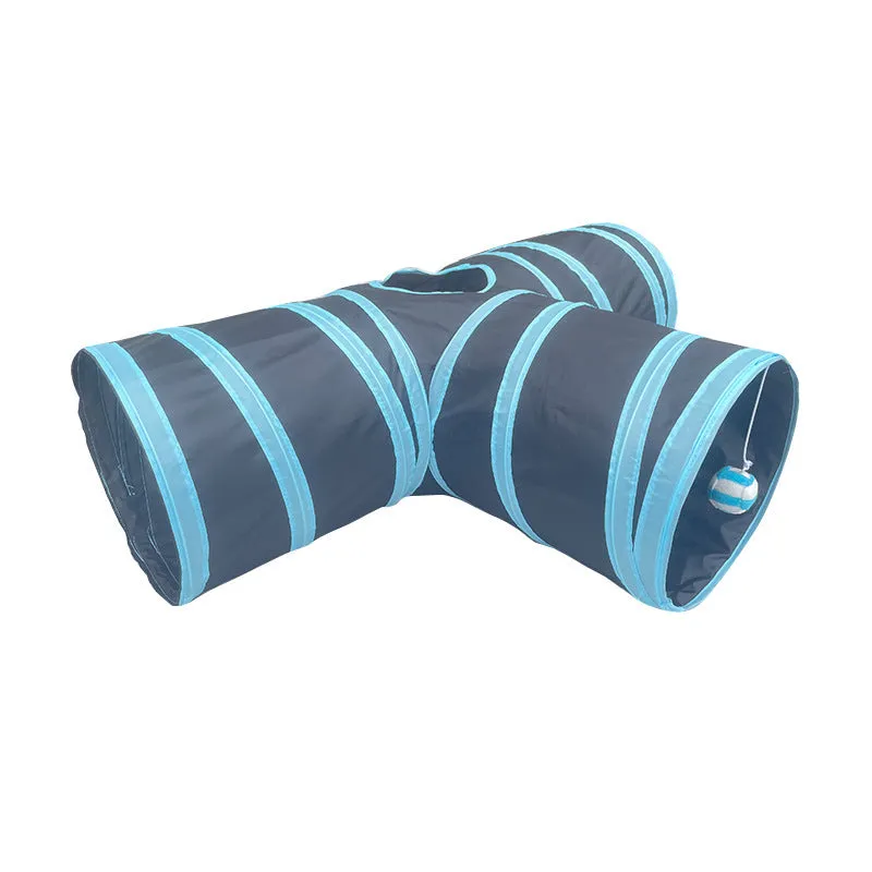 Suede three-channel foldable cat tunnel in T-shape design for indoor pet play and exercise