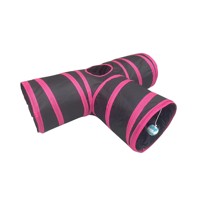 Suede three-channel foldable cat tunnel in T-shape design for indoor pet play and exercise