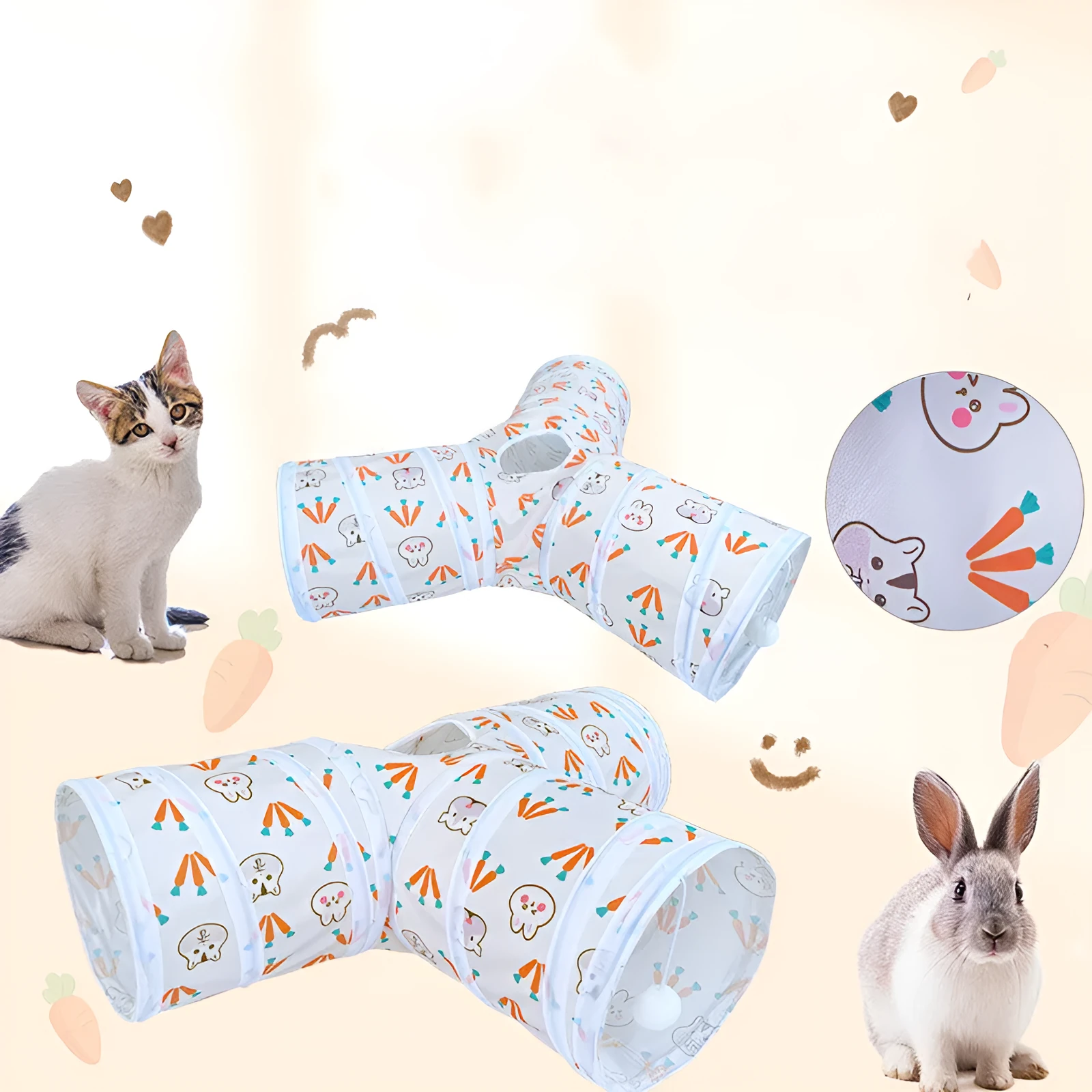 Suede three-channel foldable cat tunnel in T-shape design for indoor pet play and exercise