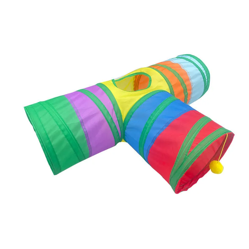 Suede three-channel foldable cat tunnel in T-shape design for indoor pet play and exercise