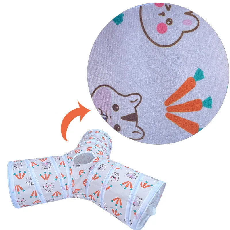 Suede three-channel foldable cat tunnel in T-shape design for indoor pet play and exercise