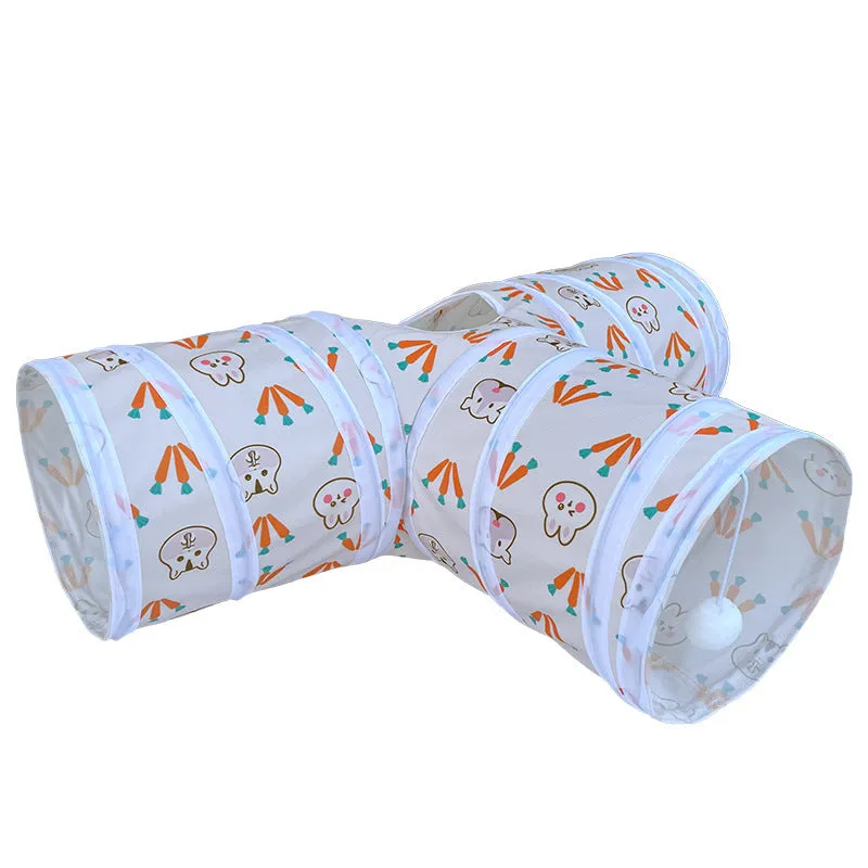 Suede three-channel foldable cat tunnel in T-shape design for indoor pet play and exercise