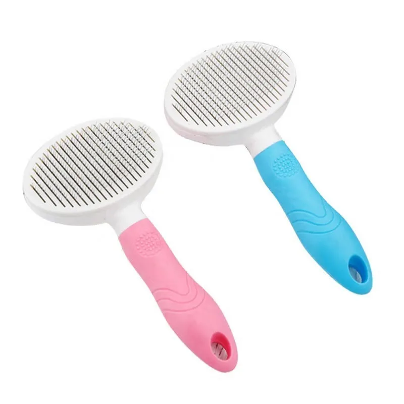 Blue automatic hair removal pet comb with TPR non-slip grip and button shaved design on white background