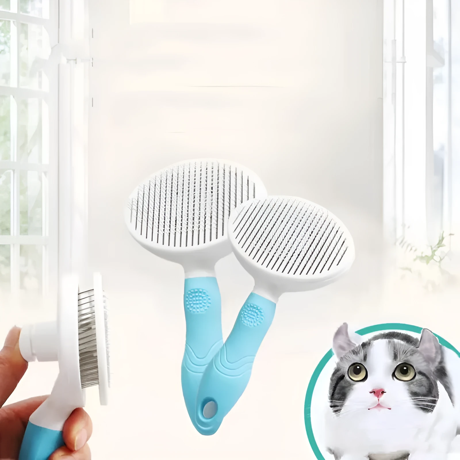 Blue automatic hair removal pet comb with TPR non-slip grip and button shaved design on white background