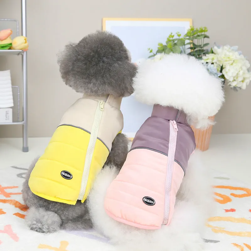 Dog wearing autumn winter cotton vest with zipper in blue colour