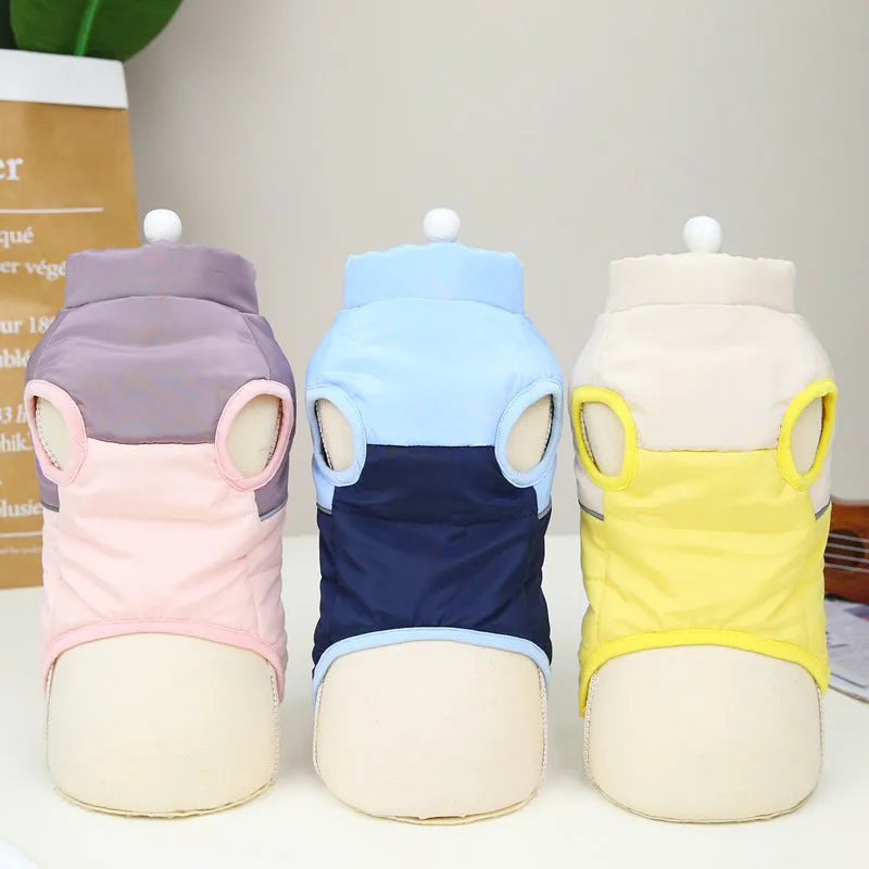 Dog wearing autumn winter cotton vest with zipper in blue colour