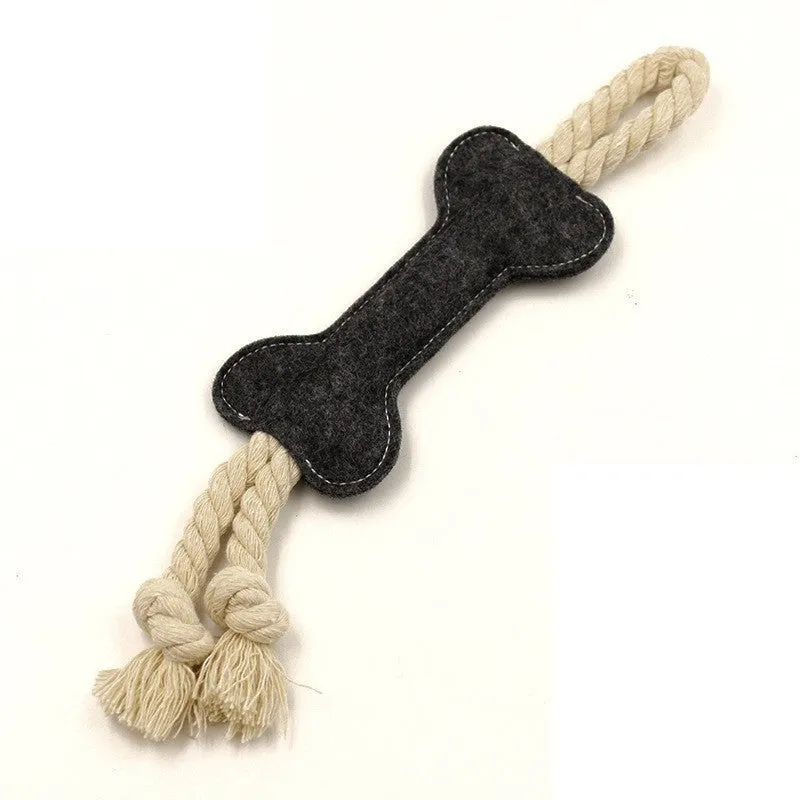 Bone-shaped dog training rope toy with knot construction in felt fabric