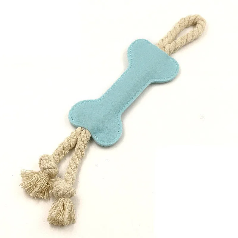 Bone-shaped dog training rope toy with knot construction in felt fabric