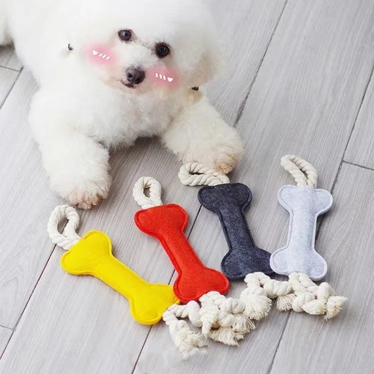 Bone-shaped dog training rope toy with knot construction in felt fabric