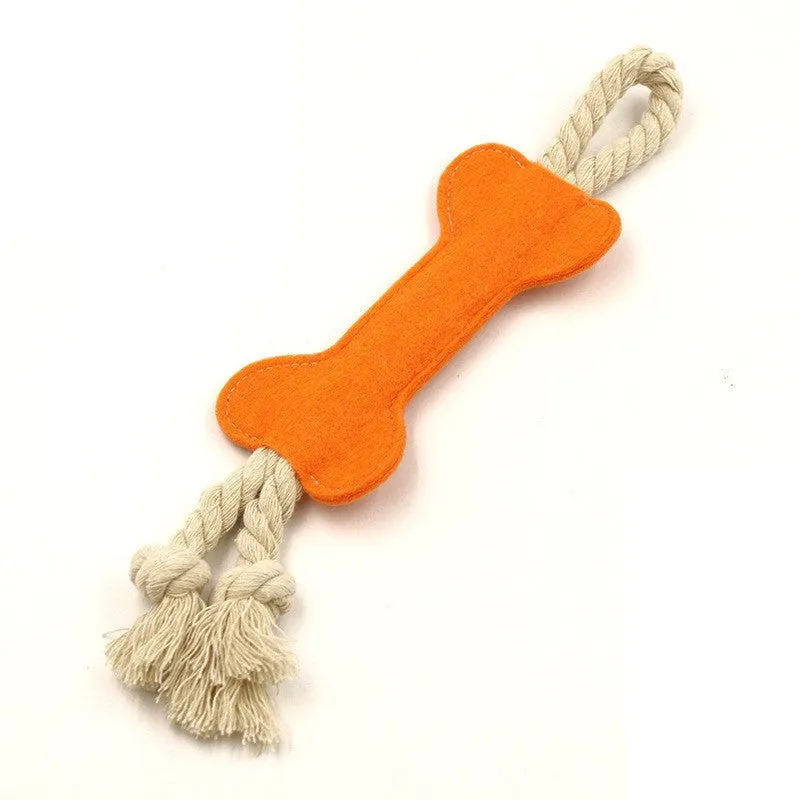 Bone-shaped dog training rope toy with knot construction in felt fabric