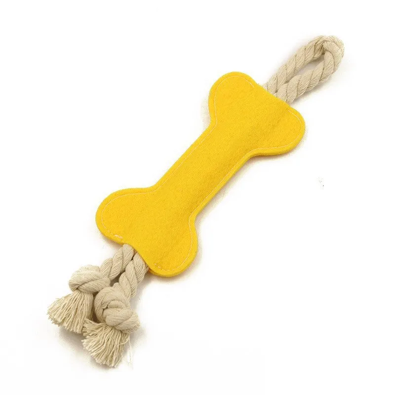 Bone-shaped dog training rope toy with knot construction in felt fabric