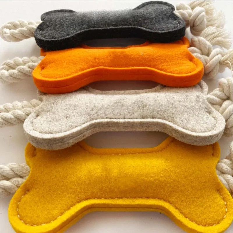 Bone-shaped dog training rope toy with knot construction in felt fabric