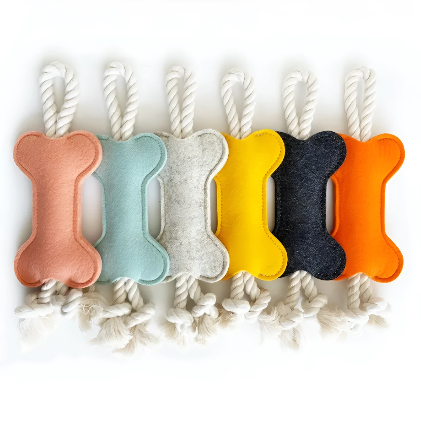 Bone-shaped dog training rope toy with knot construction in felt fabric