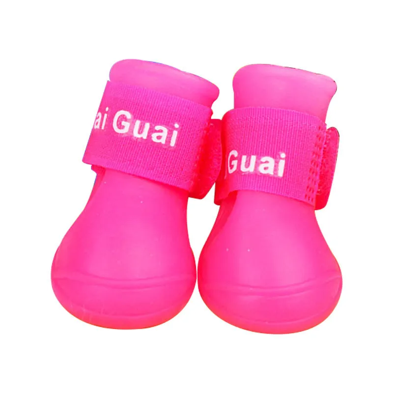 Soft non-slip silicone pet rain boots in purple for dogs, waterproof with wear-resistant sole, available in sizes S M L