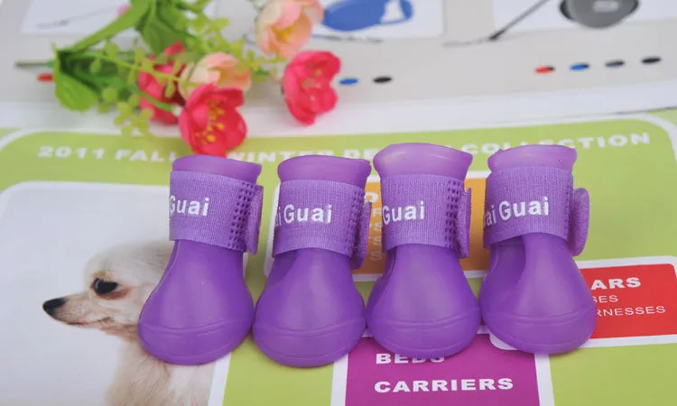 Soft non-slip silicone pet rain boots in purple for dogs, waterproof with wear-resistant sole, available in sizes S M L