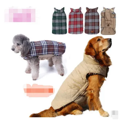Waterproof reversible lattice pet dog suit jacket in beige on a dog standing outdoors