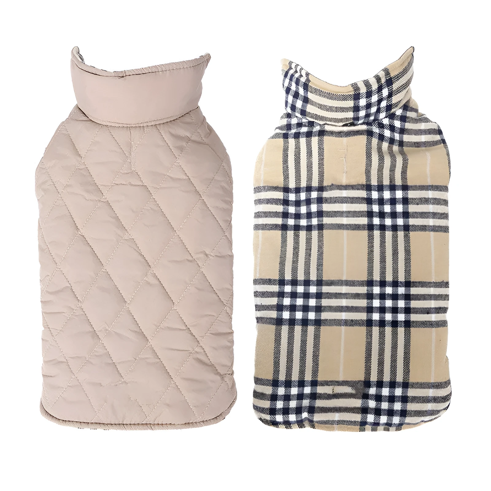 Waterproof reversible lattice pet dog suit jacket in beige on a dog standing outdoors
