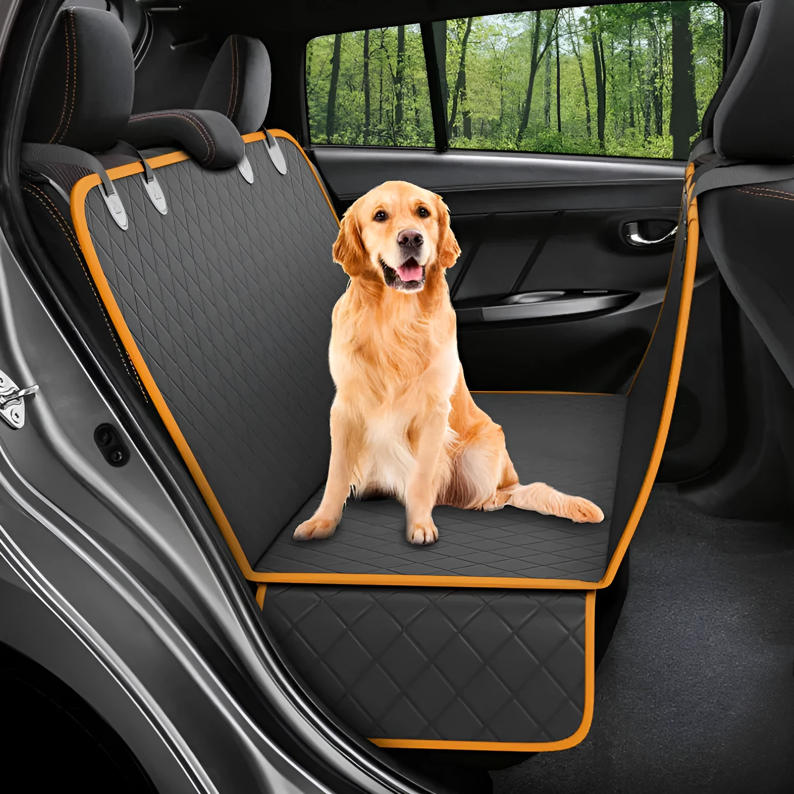 Waterproof Oxford cloth car rear pet dog cushion 137x147cm in orange with side wings for seat protection