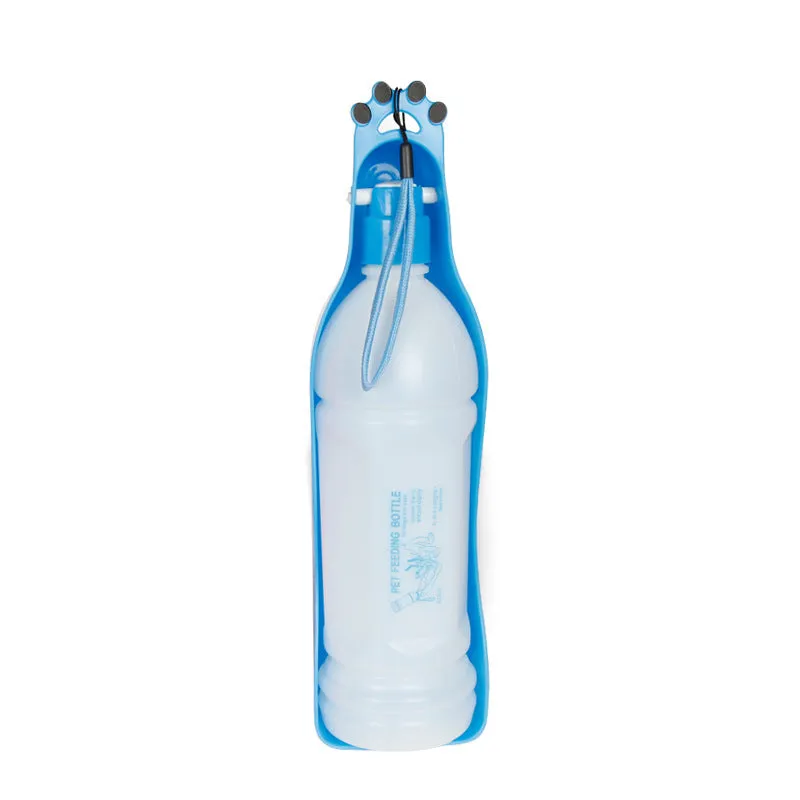 Blue portable pet cup drinker with stretch cover and 600ml capacity, shown on outdoor background