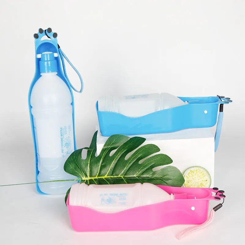 Blue portable pet cup drinker with stretch cover and 600ml capacity, shown on outdoor background