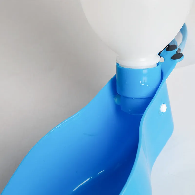 Blue portable pet cup drinker with stretch cover and 600ml capacity, shown on outdoor background