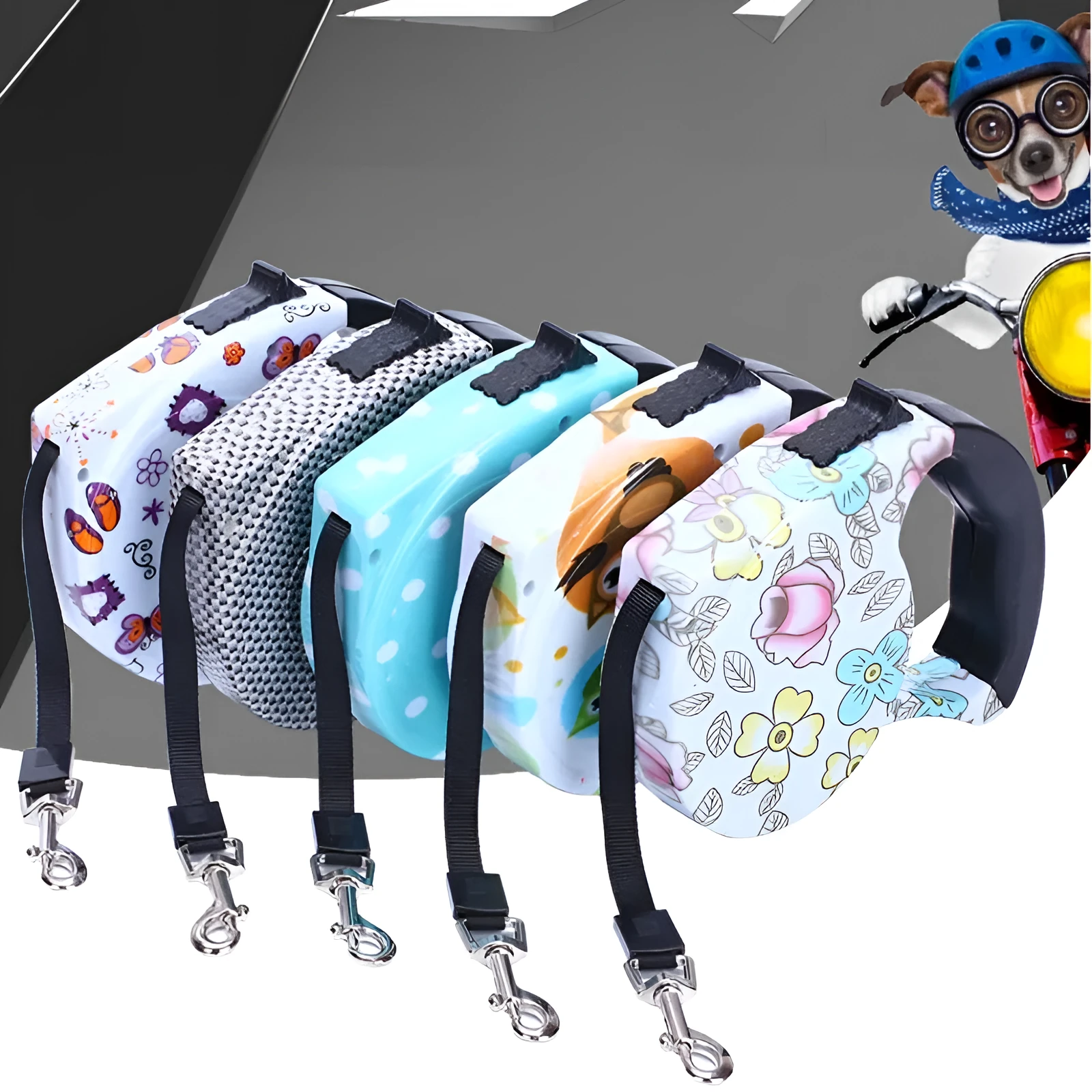 Automatic retractable dog leash with plastic housing and 5 metre long 1cm wide patterned band