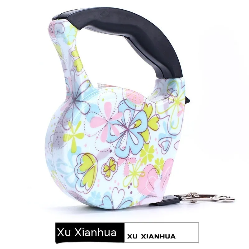 Automatic retractable dog leash with plastic housing and 5 metre long 1cm wide patterned band