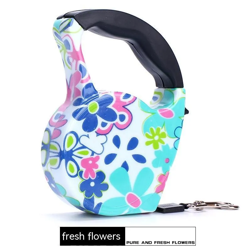 Automatic retractable dog leash with plastic housing and 5 metre long 1cm wide patterned band