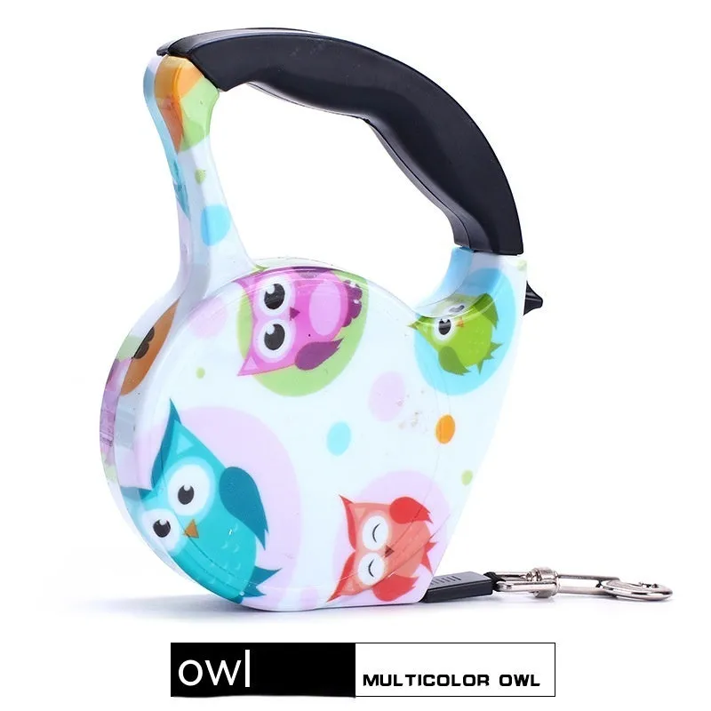 Automatic retractable dog leash with plastic housing and 5 metre long 1cm wide patterned band