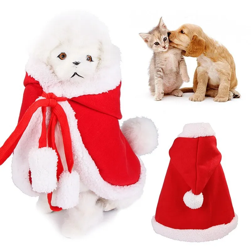 Red fabric Christmas cloak jacket for cat or dog in size M