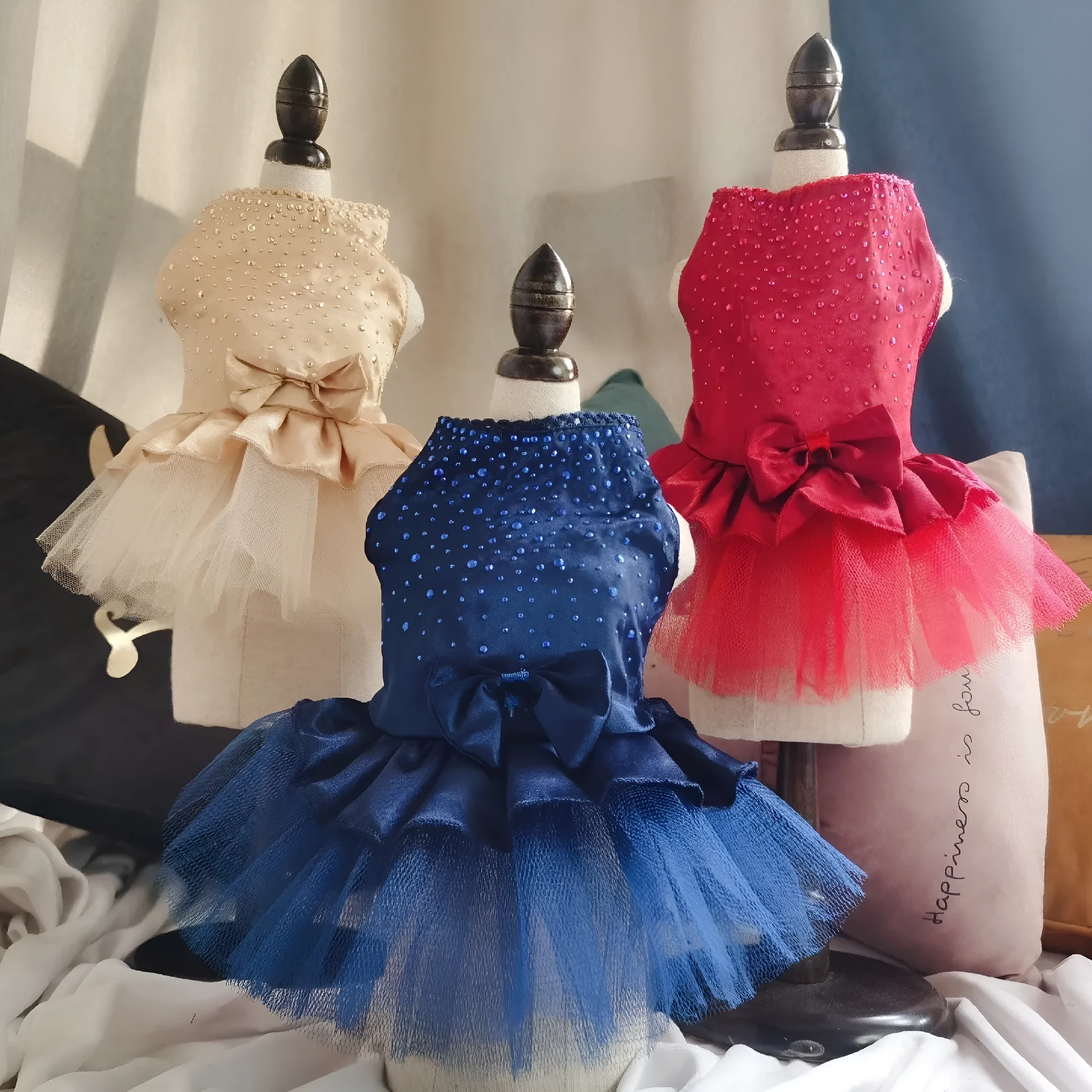 Artificial silk pet skirt in princess style for cats and dogs, blue colour, size XL shown