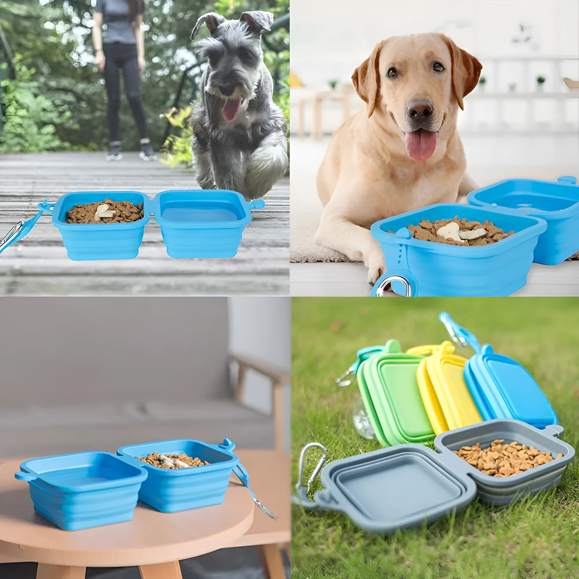 Foldable silicone double pet bowl for dogs and cats in green with two compartments for food and water