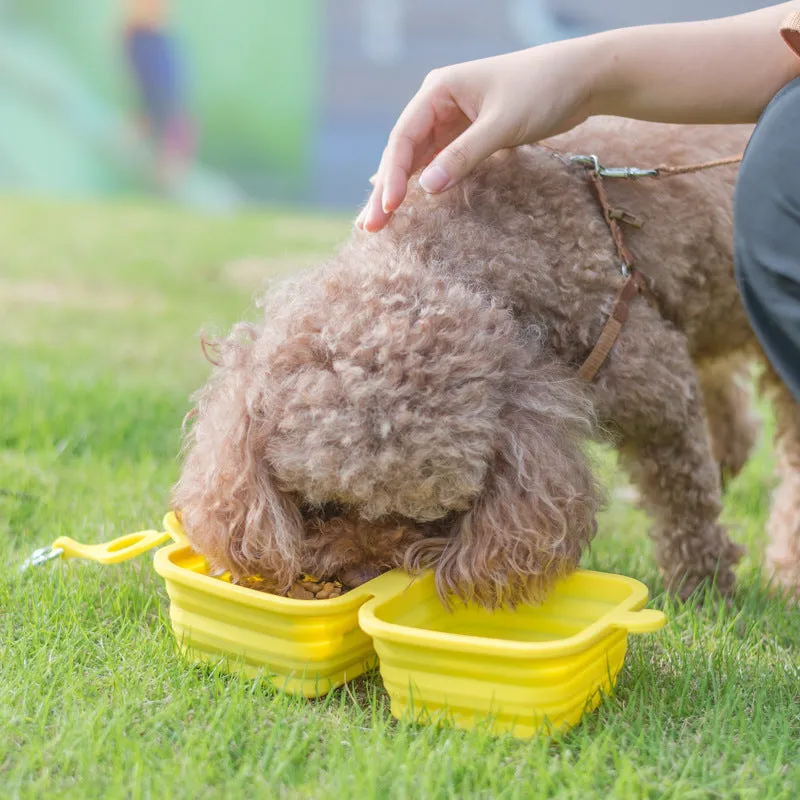Foldable silicone double pet bowl for dogs and cats in green with two compartments for food and water