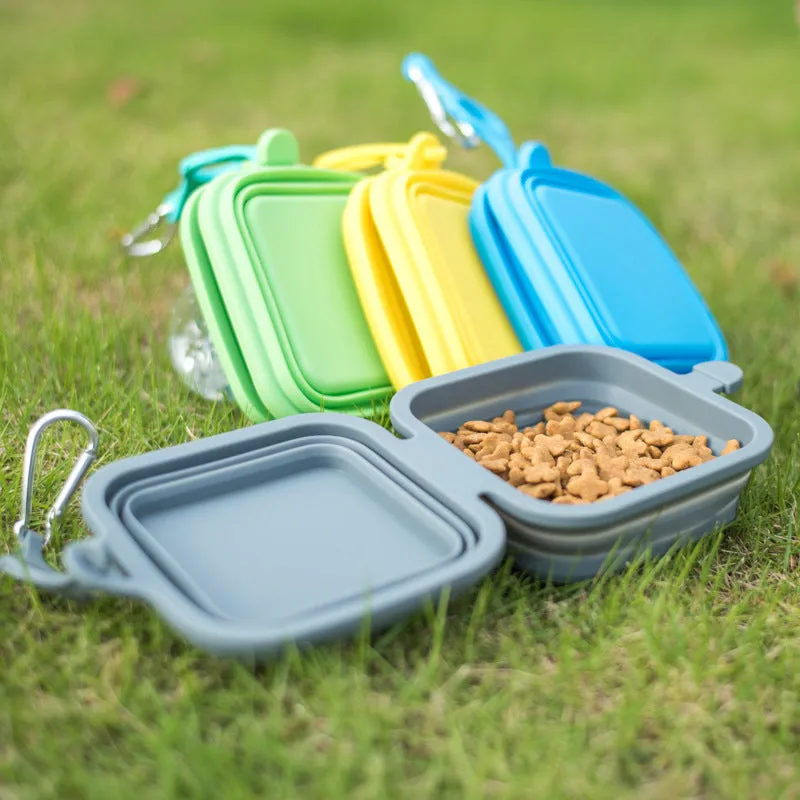 Foldable silicone double pet bowl for dogs and cats in green with two compartments for food and water