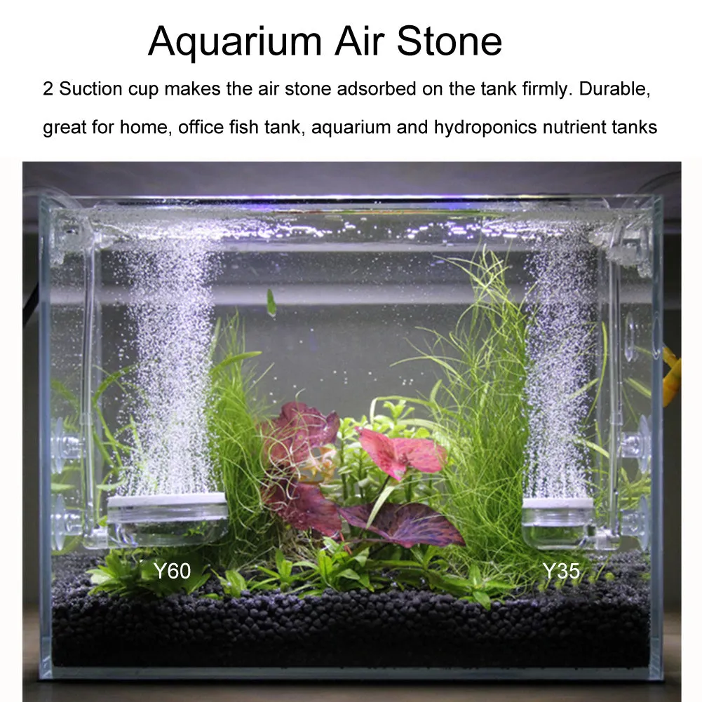 White transparent PC aquarium air refiner with nano bubbles and suction cups, shown on glass tank
