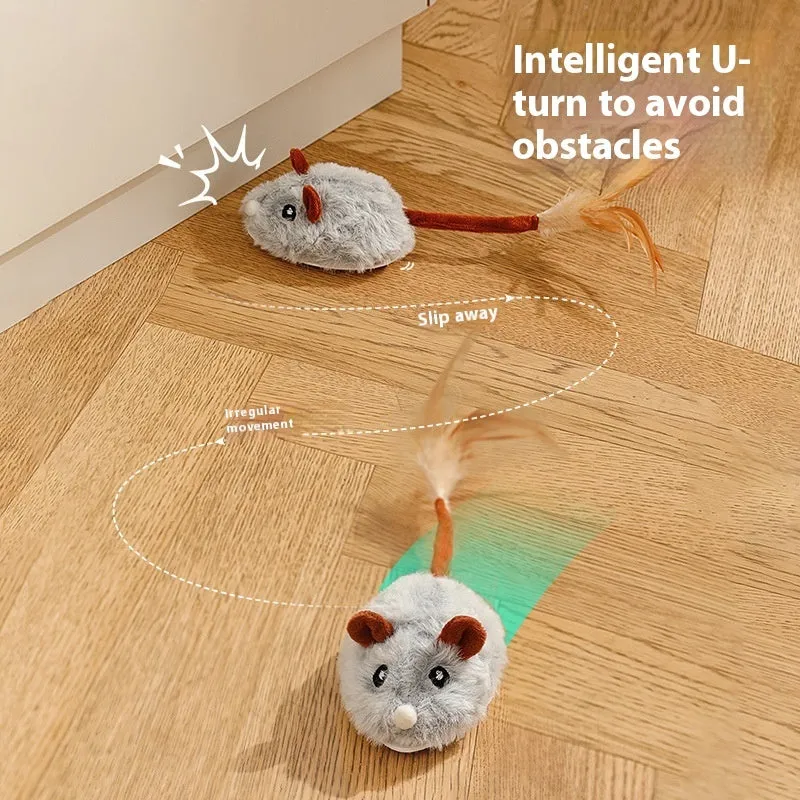 Electric cat pole toy with a moving plush mouse in pink, dark grey, or purple colours.