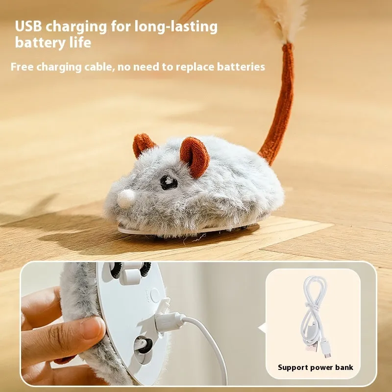 Electric cat pole toy with a moving plush mouse in pink, dark grey, or purple colours.